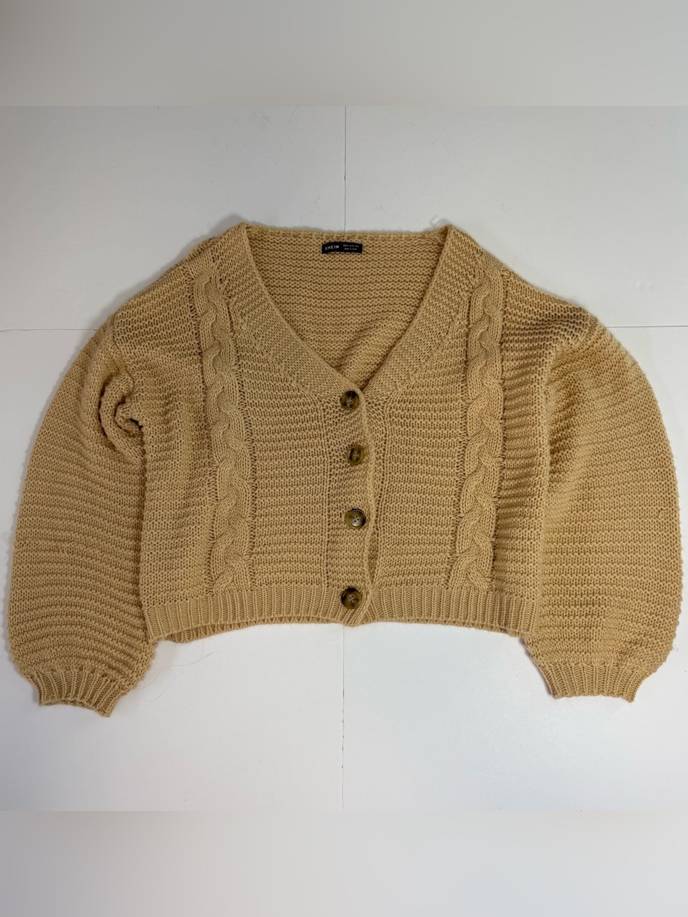 SHEIN Camel Cable Knit Cropped Cardigan
